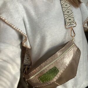 Metallic Crossbody Bag with Patterned Strap